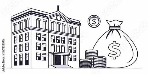 Iconic illustration of a bank building with a money bag and stacks of coins, symbolizing finance, wealth, and economic transactions