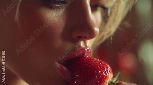 A young woman gently holds a ripe strawberry, preparing to enjoy its flavor. The colorful strawberry contrasts with the soft backdrop, drawing attention to her expression of deligh