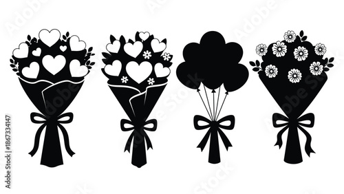 Black silhouettes of bouquets with hearts and flowers white white with valentines day and wedding and romance Silhouette vector on whit Background