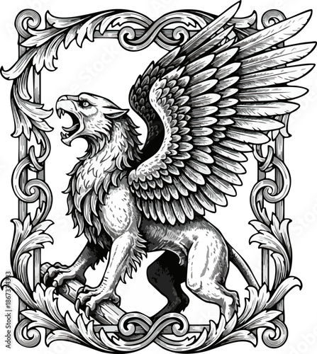 Vintage Engraving Griffin Roaring in Ornate Decorative Frame