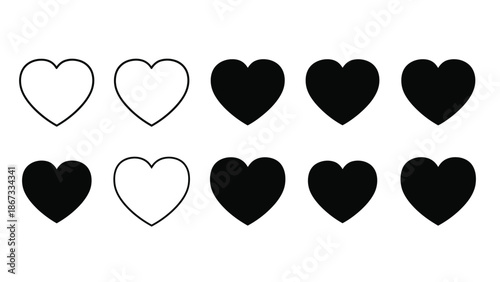 Black and white heart shapes in various styles a plain white for love and valentine's day themes with symbol Silhouette vector on whit Background
