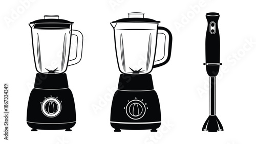 Modern kitchen blenders and immersion mixer shown in black and white illustration