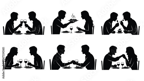 Black illustrations of couples dining and toasting together in various romantic restaurant settings with romantic dinner Silhouette vector on whit Background