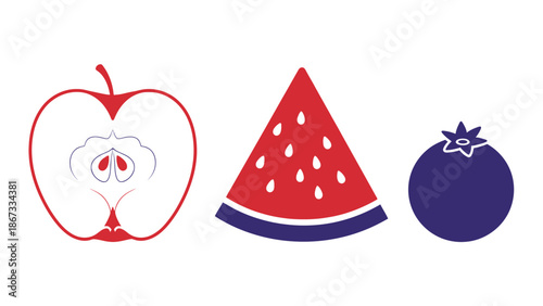 Vibrant red and blue fruit illustrations in a clean, minimalist composition