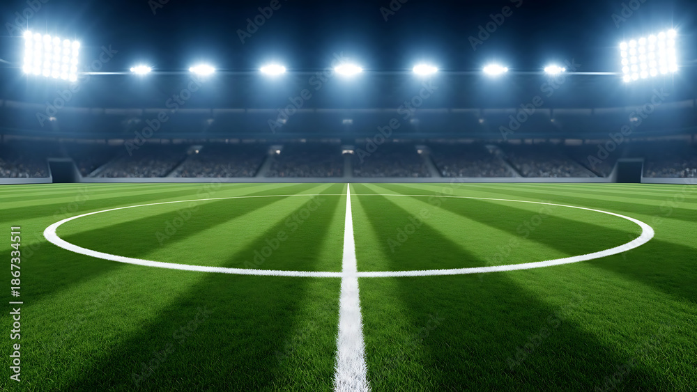 Fototapeta premium Panoramic View of Empty Soccer Stadium Center Circle Illuminated at Night