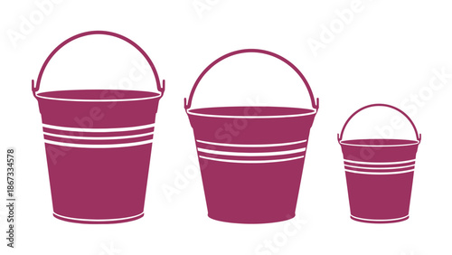 Three magenta metal buckets of varying sizes arranged side-by-side on a white background