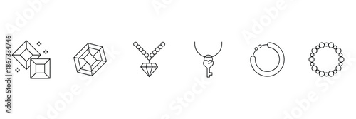 Jewelry ornament icon set, sparkling cube gem, faceted hexagon, diamond strand necklace, key charm pendant, slim hoop, pearl strand illustration.