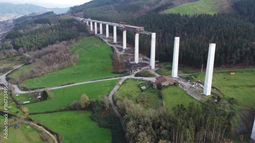 aerial view of the construction of a bridge for high speed train TAV in the Basque Country 