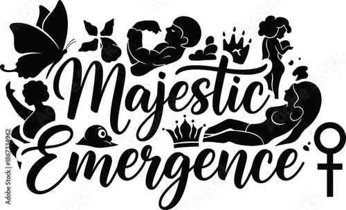 Mythical Majestic Emergence vector badge featuring mermaid or siren for fantasy themes ocean branding and legend illustration design projects
