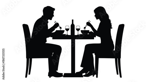 of a romantic couple eating dinner together at a restaurant table with wine white with romance and date Silhouette vector on whit Background