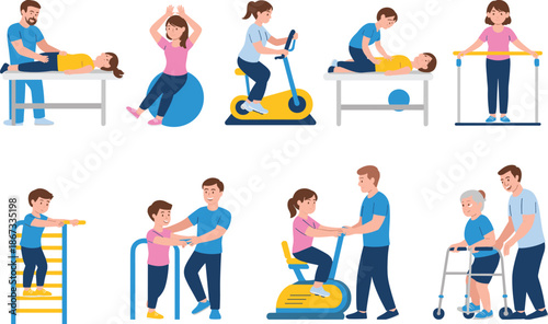 Physical therapy and rehabilitation vector illustration set showing patients with therapists performing exercises using medical equipment for recovery, healthcare, and wellness concepts