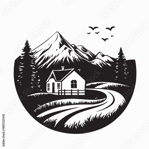 Village House Beside Road Image Vector Isolated on White Background