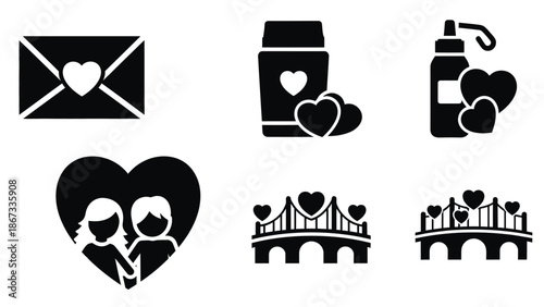 Black heart icons including envelope coffee cup spray bottle couple and bridges white with illustration Silhouette vector on whit Background