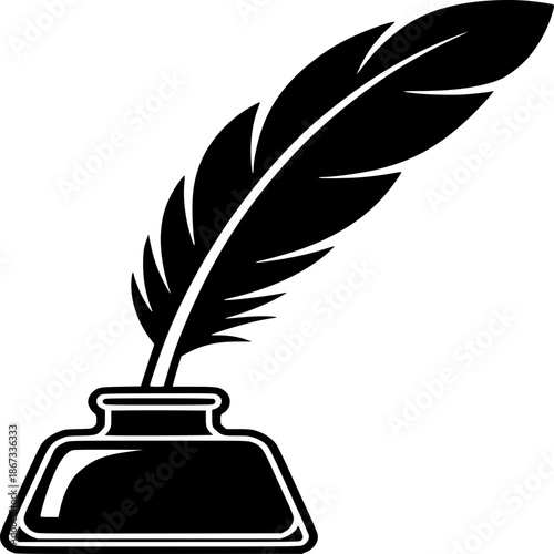 Feather pen and inkwell illustration for vintage writing and calligraphy