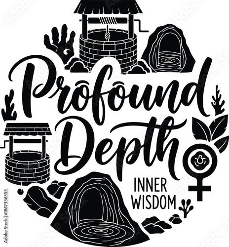 Profound Depth Decorative Typography Vector Black Monochrome Transparent Background Emblem With Layers And Insight Symbols For Concept Branding