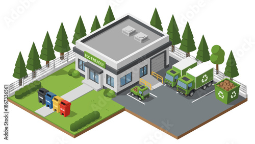 Isometric vector illustration of a modern recycling facility with waste bins and eco-friendly trucks, representing sustainable waste management and environmental protection