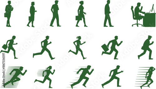 Green silhouettes of people walking, running, and working at a desk, illustrating daily routine, urgency, and productivity in modern lifestyle.