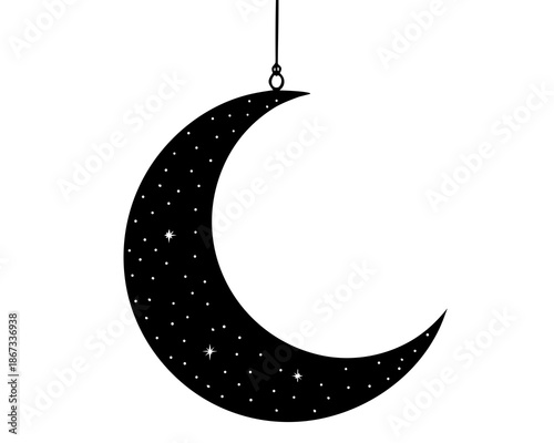 Decorative Hanging Crescent Silhouette Vector Design, Muslim Religious Ornament Isolated on White Background