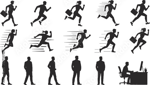 Business people silhouettes vector illustration set showing running walking and working office professionals isolated on white background for corporate and career design concepts