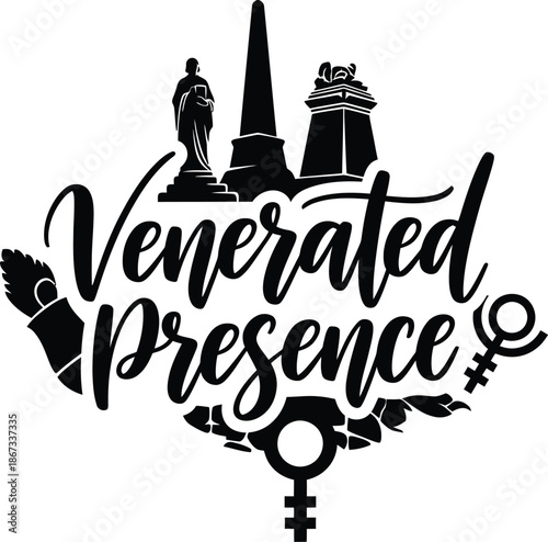 Sacred Venerated Presence vector badge featuring ancient temple silhouette for religious themes spiritual branding and historical architecture illustration design projects