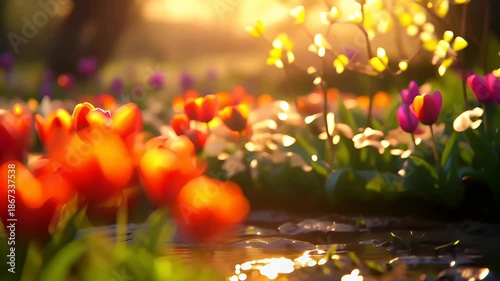 Spring booming. Life. New hope. Season. A closeup of vibrant red and orange tulips in a field during sunset. The tulips are in full bloom, with their petals illuminated by the setting or rising sun.