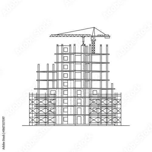 Building Construction Site with Crane Scaffolding.