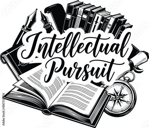 Smart Intellectual Pursuit vector badge featuring open book and glasses for education themes library branding and study illustration design projects