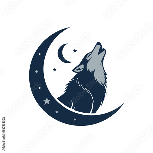 Wolf howling at the moon and stars illustration.
