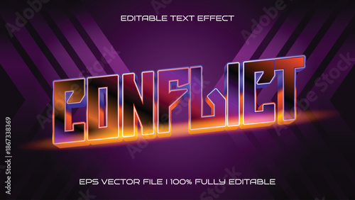 Editable text effect with the word 'Conflict' displayed in a glossy, reflective, metallic font with vibrant orange and purple gradients