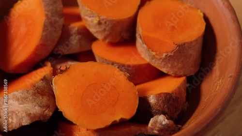 Close-up of sliced ​​fresh turmeric.