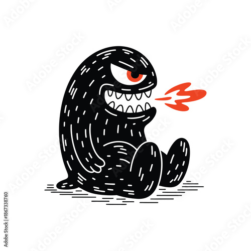 Angry cartoon monster breathing fire with sharp teeth and red eyes.