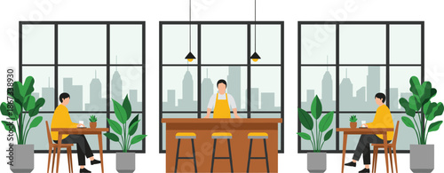 Modern cafe interior with bar counter, barista serving coffee, and customers sitting at tables illustration