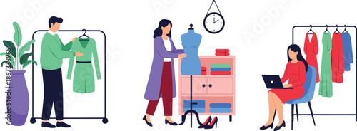 Fashion studio workspace with designer tailoring dress, clothing rack selection, and online boutique management illustration