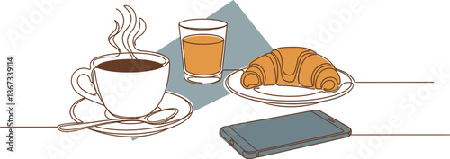 Minimalist continuous line art illustration depicts a modern breakfast setup including hot coffee a pastry orange juice and a smartphone for morning routine