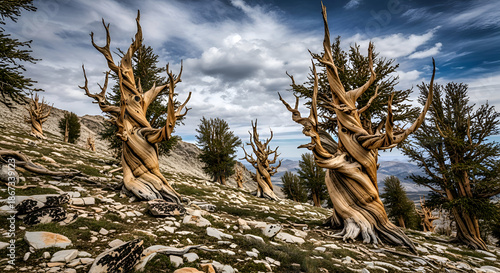 Ancient bristlecone pine trees thrive in rugged mountain landscape with cloudy sky
