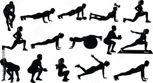 Fitness training silhouette collection, men and women performing workout exercises, strength cardio balance routines, black flat vector illustration isolated on white background