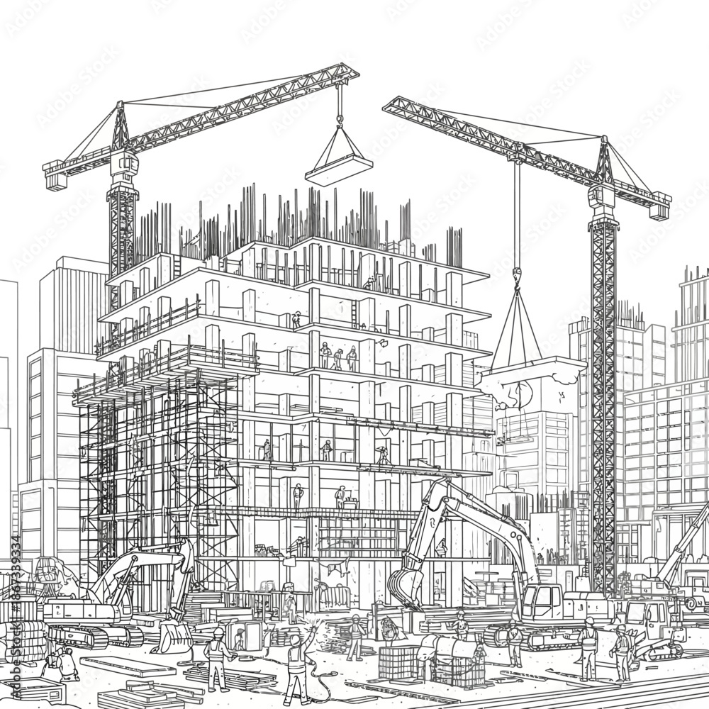 Fototapeta premium Construction Site with Cranes and Building Under Development.