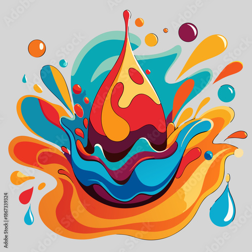 Vibrant colorful liquid splash with dynamic droplets and swirling shapes
