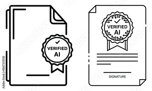 Ai verified document icons: line art certification and signature