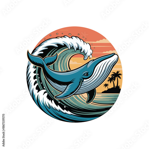 Whale swimming through ocean wave with tropical island background.