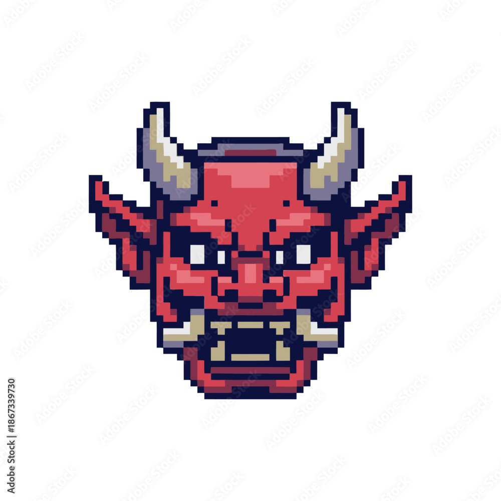 Fototapeta premium Pixel Art Red Demon Face with Horns and Fangs.