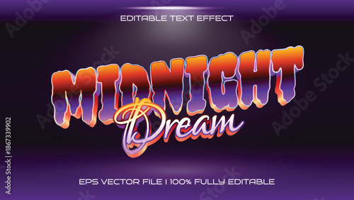Editable Midnight Dream Text Effect, Retro 80s Style, Vibrant Gradient and Chrome