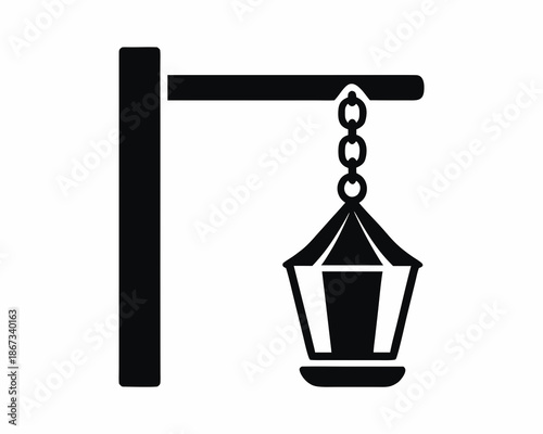 Hanging Lantern with Chain Silhouette Vector Design, Traditional Decorative Light Icon Isolated on White Background