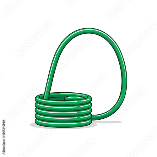 Green coiled hose with a loop on white background.