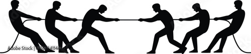 Tug of war team silhouette competition, teamwork strength concept illustration, business conflict challenge strategy, cooperation versus rivalry metaphor design