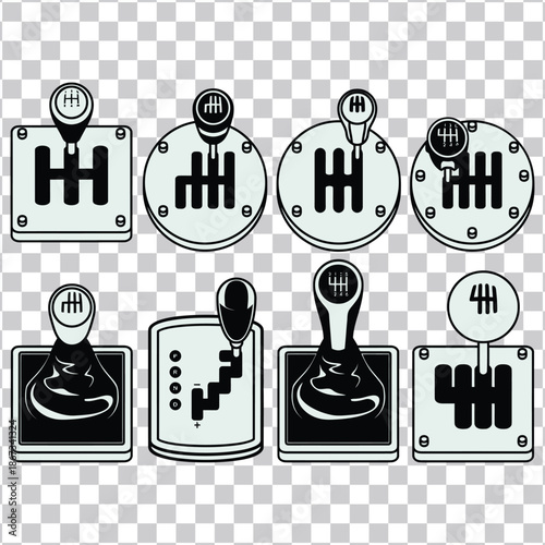 Comprehensive collection of vehicle gear shift illustrations, presenting various manual and automatic transmission patterns, essential for automotive design and driving concepts