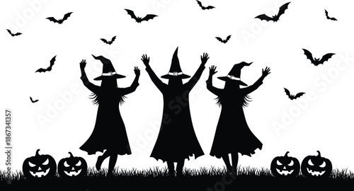 Halloween silhouette illustration with three witches dancing in the grass, spooky bats flying and carved jack o lantern pumpkins at night,