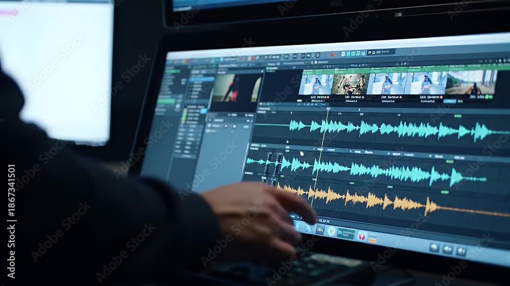 Video editing software interface with audio waveforms and timeline on ...
