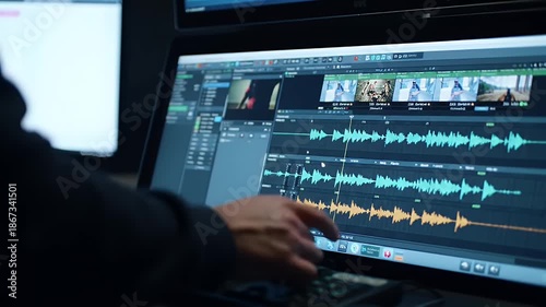 Video editing software interface with audio waveforms and timeline on computer screen.