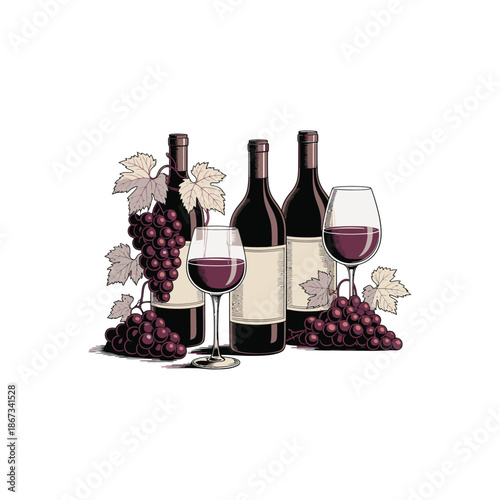 Three bottles of red wine with two glasses and grapes.